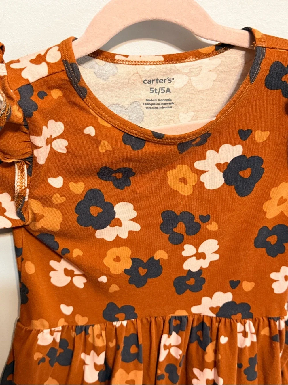 Carter's Rust Floral Long-Sleeve Ruffle Dress with Navy & Blush Prints